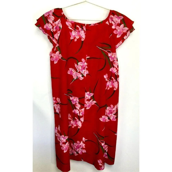 Vintage Jana Womens Red Multi Floral Flutter Sleeve Hawaiian Midi Dress Size 10 - Picture 2 of 10